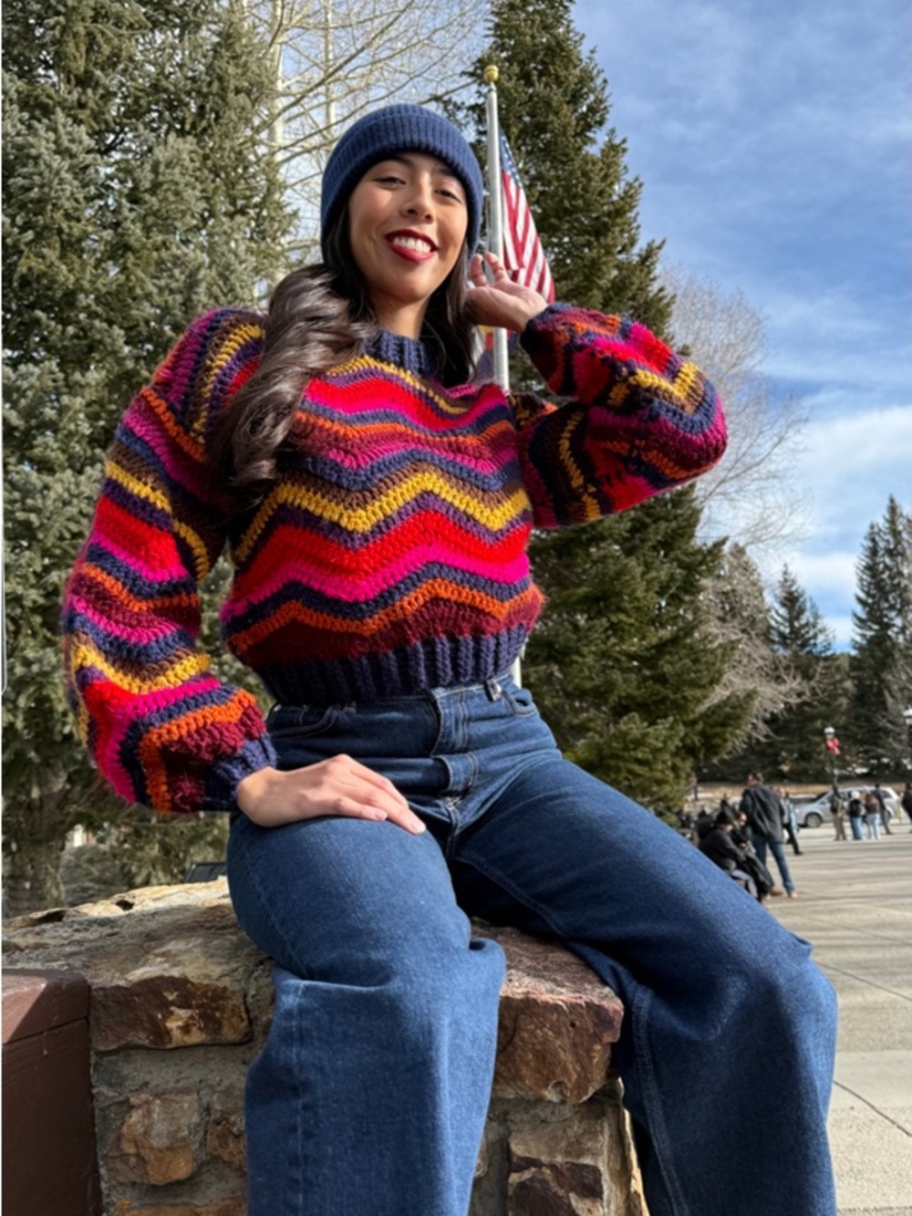 Farm Rio Colorful Waves Rainbow Handmade Crochet Balloon Sleeve Sweater Small